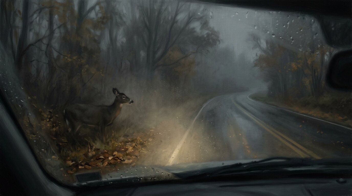 A car with a cracked headlight parked on a rural roadside near woods at dusk