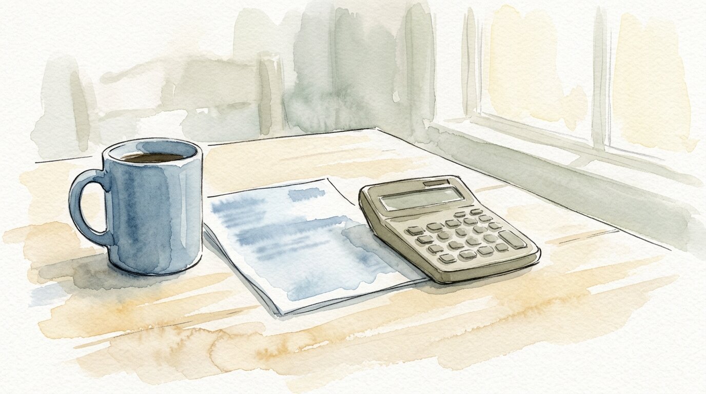 Watercolor illustration of a coffee mug and medical bill on a kitchen table, health deductibles