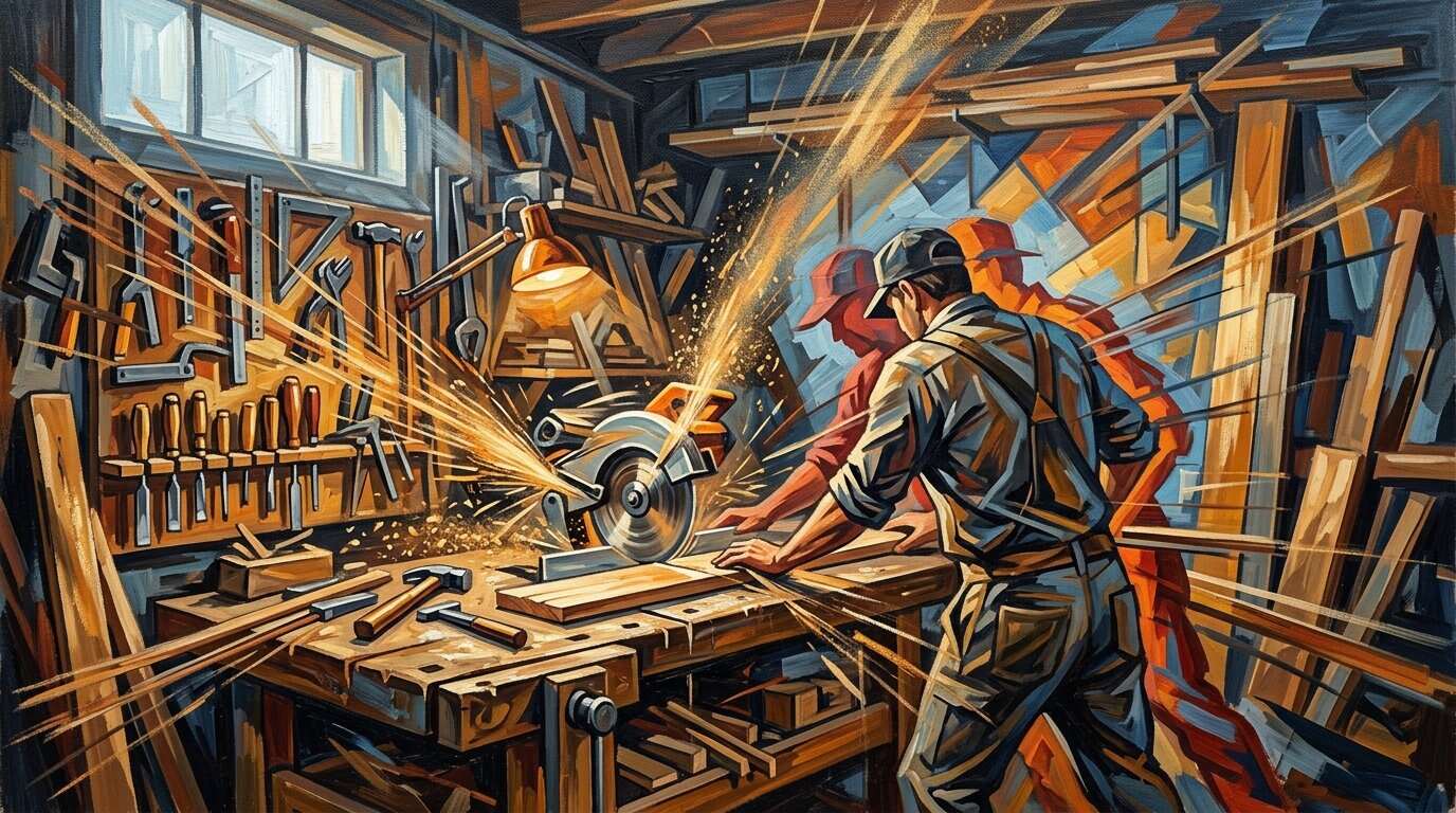 A tradesperson working at a busy workshop bench, representing general liability risk exposure