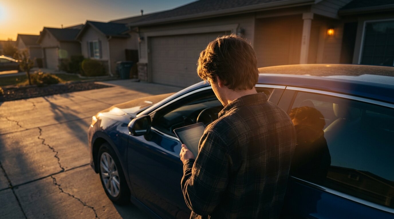 Driver checking a car insurance quote on a tablet beside a sedan at golden hour