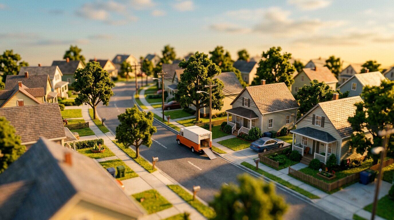 Miniature-style aerial view of a suburban neighborhood street at golden hour