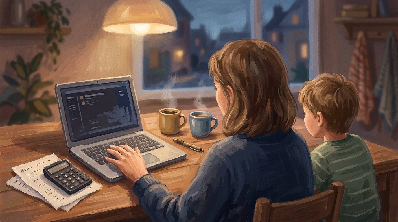 A parent and child at a kitchen table calculating life insurance coverage on a laptop