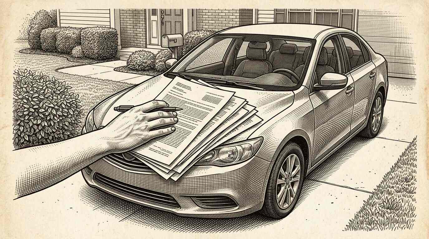 Reviewing full coverage car insurance policy pages spread across a car hood