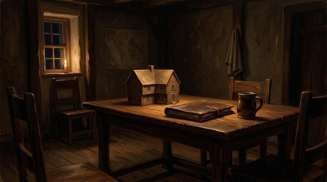 Candlelit dining table with a small model house and a closed policy folder, homeowners coverage