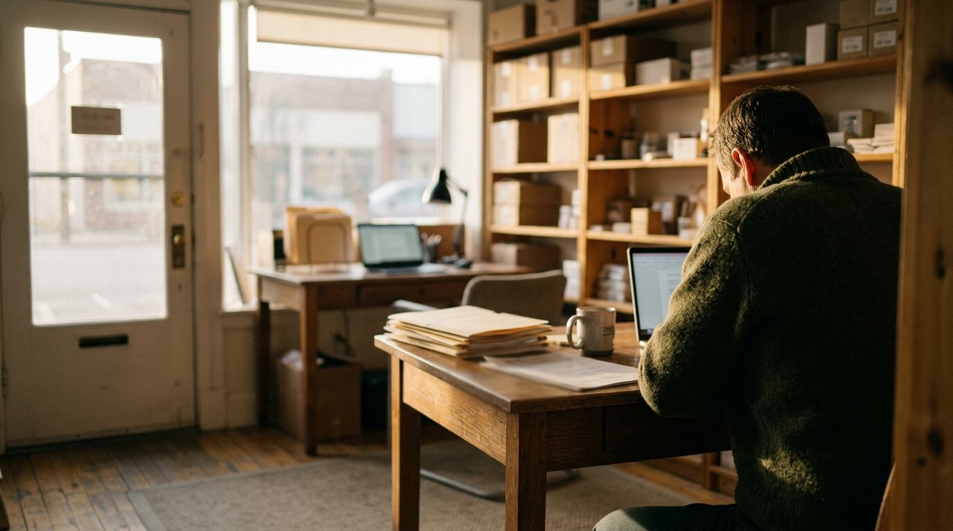 A small business owner reviewing insurance paperwork at a desk in a morning-lit storefront