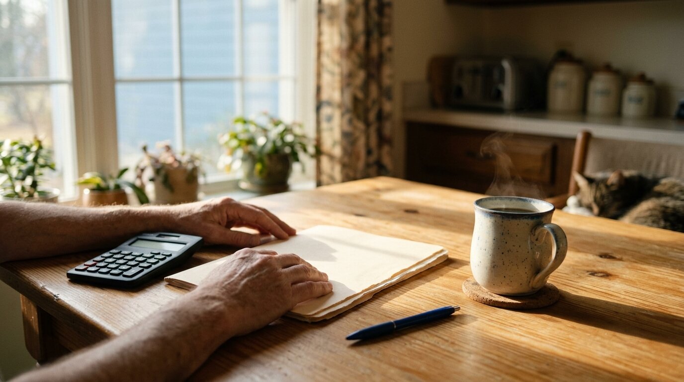 Homeowner reviewing a claims folder and calculator to understand their insurance deductible
